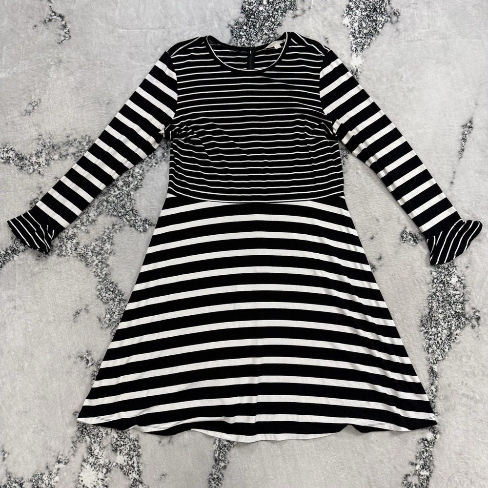 Loft Black White Striped Dress Womens Size 14 Fit Flare Long Sleeve Casual
